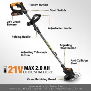 Cordless Weed Eater Weed Wacker,3-in-1 Lightweight Push Lawn Mower & Edger Tool with 3 Types Blades,21V 2Ah Li-Ion Battery Powered for Garden and Yard (Black)