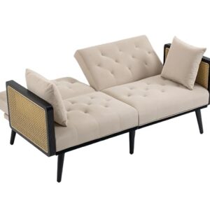 Lin-Utrend Velvet Loveseat Sofa with Rattan Armrest,61" Convertible Futon Sofa Bed,Sleeper Sofa Couch Loveseat for Small Space,Living Room,Apartment