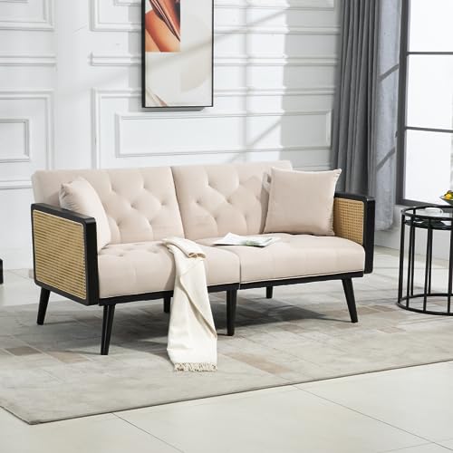 Lin-Utrend Velvet Loveseat Sofa with Rattan Armrest,61" Convertible Futon Sofa Bed,Sleeper Sofa Couch Loveseat for Small Space,Living Room,Apartment