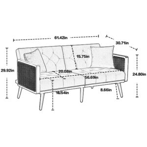 Lin-Utrend Velvet Loveseat Sofa with Rattan Armrest,61" Convertible Futon Sofa Bed,Sleeper Sofa Couch Loveseat for Small Space,Living Room,Apartment