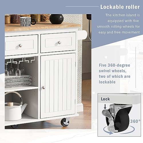 Kitchen Island On Wheel with Power Outlet, Open Storage Kitchen Island with Drop Leaf, Rolling Kitchen Island Cart, Wine Rack, Adjustable Shelves for Home, Kitchen, Dining Room, White