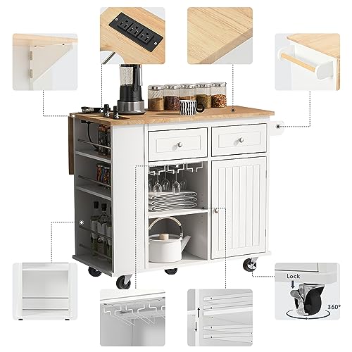 Kitchen Island On Wheel with Power Outlet, Open Storage Kitchen Island with Drop Leaf, Rolling Kitchen Island Cart, Wine Rack, Adjustable Shelves for Home, Kitchen, Dining Room, White