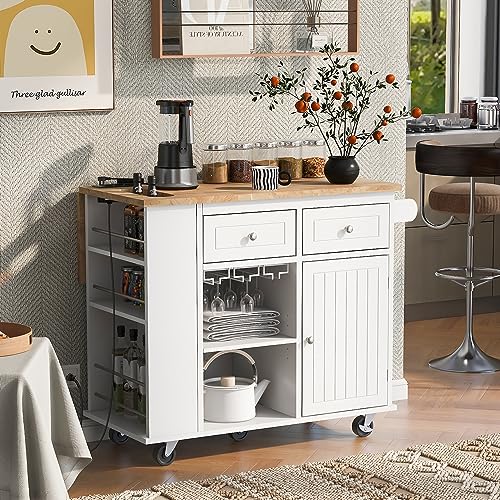 Kitchen Island On Wheel with Power Outlet, Open Storage Kitchen Island with Drop Leaf, Rolling Kitchen Island Cart, Wine Rack, Adjustable Shelves for Home, Kitchen, Dining Room, White