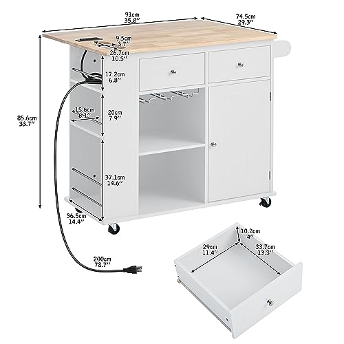 Kitchen Island On Wheel with Power Outlet, Open Storage Kitchen Island with Drop Leaf, Rolling Kitchen Island Cart, Wine Rack, Adjustable Shelves for Home, Kitchen, Dining Room, White