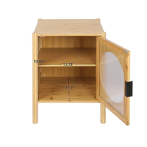 15.75" Bamboo Nightstand with 1 Door, Mid Century Modern Night Stand for Bedrooms, Bedside Table, Accent End Table, Side Table with Non-Slip Feet,Back Panel Buckle and 3 Adjustable Gears