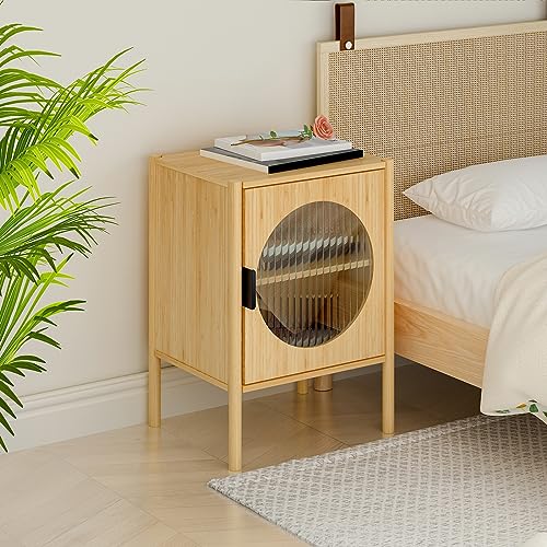 15.75" Bamboo Nightstand with 1 Door, Mid Century Modern Night Stand for Bedrooms, Bedside Table, Accent End Table, Side Table with Non-Slip Feet,Back Panel Buckle and 3 Adjustable Gears