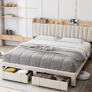 GAOMON King Size Bed Frame with 2 Storage Drawers, Upholstered Platform Bed Frame with Storage Headboard and Charging Station, Mattress Foundation with Solid Wooden Slats Support, No Box Spring Needed, White