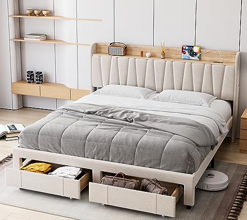 GAOMON King Size Bed Frame with 2 Storage Drawers, Upholstered Platform Bed Frame with Storage Headboard and Charging Station, Mattress Foundation with Solid Wooden Slats Support, No Box Spring Needed, White