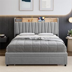 gaomon full size bed frame with storage drawer, upholstered platform bed frame with storage headboard and charging station, mattress foundation with solid wooden slats support, no box spring needed, light grey