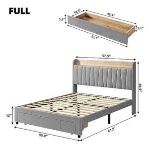 GAOMON Full Size Bed Frame with Storage Drawer, Upholstered Platform Bed Frame with Storage Headboard and Charging Station, Mattress Foundation with Solid Wooden Slats Support, No Box Spring Needed, Light Grey