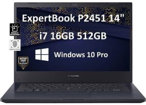 asus expertbook p2 p2451 14" thin & light fhd (intel 4-core i7-10510u, 16gb ram, 512gb pcie ssd) military grade durable business laptop, webcam, 3-year warranty, hdmi, win 10 pro/win 11 pro