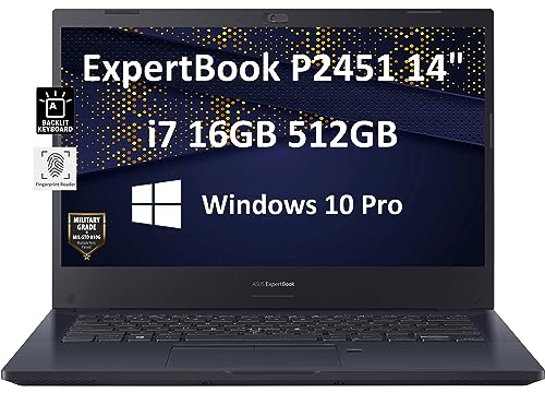 ASUS ExpertBook P2 P2451 14" Thin & Light FHD (Intel 4-Core i7-10510U, 16GB RAM, 512GB PCIe SSD) Military Grade Durable Business Laptop, Webcam, 3-Year Warranty, HDMI, Win 10 Pro/Win 11 Pro