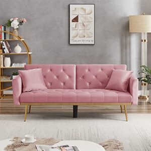 eafurn velvet convertible futon sofa bed, modern reclining adjustable loveseat couch with 2 pillows, split back sleeper sofa & couches for dorm living room bedroom office, pink 71.25"