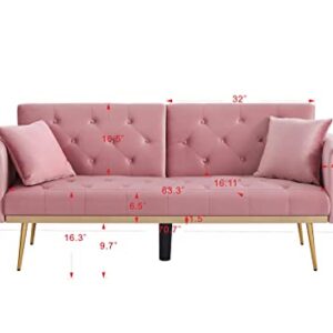 Eafurn Velvet Convertible Futon Sofa Bed, Modern Reclining Adjustable Loveseat Couch with 2 Pillows, Split Back Sleeper Sofa & Couches for Dorm Living Room Bedroom Office, Pink 71.25"