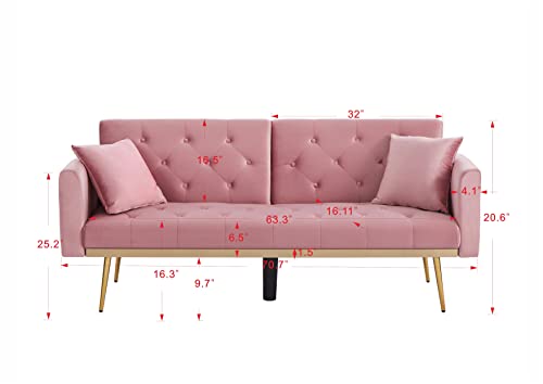 Eafurn Velvet Convertible Futon Sofa Bed, Modern Reclining Adjustable Loveseat Couch with 2 Pillows, Split Back Sleeper Sofa & Couches for Dorm Living Room Bedroom Office, Pink 71.25"