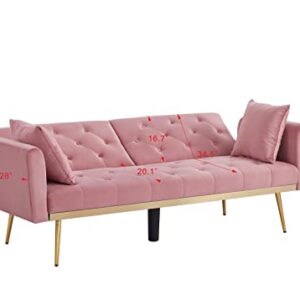 Eafurn Velvet Convertible Futon Sofa Bed, Modern Reclining Adjustable Loveseat Couch with 2 Pillows, Split Back Sleeper Sofa & Couches for Dorm Living Room Bedroom Office, Pink 71.25"