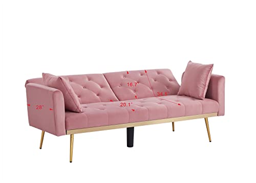 Eafurn Velvet Convertible Futon Sofa Bed, Modern Reclining Adjustable Loveseat Couch with 2 Pillows, Split Back Sleeper Sofa & Couches for Dorm Living Room Bedroom Office, Pink 71.25"