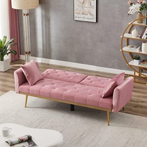 Eafurn Velvet Convertible Futon Sofa Bed, Modern Reclining Adjustable Loveseat Couch with 2 Pillows, Split Back Sleeper Sofa & Couches for Dorm Living Room Bedroom Office, Pink 71.25"