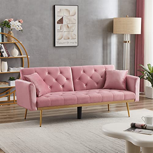 Eafurn Velvet Convertible Futon Sofa Bed, Modern Reclining Adjustable Loveseat Couch with 2 Pillows, Split Back Sleeper Sofa & Couches for Dorm Living Room Bedroom Office, Pink 71.25"