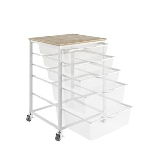 5 tier mesh rolling file cart, multipurpose movable file chest cabinet storage organizer with wooden top, industrial and rustic style storage utility cart for bathroom, kitchen, bedroom - white