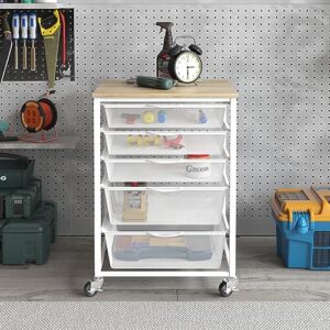 5 Tier Mesh Rolling File Cart, Multipurpose Movable File Chest Cabinet Storage Organizer with Wooden Top, Industrial and Rustic Style Storage Utility Cart for Bathroom, Kitchen, Bedroom - White