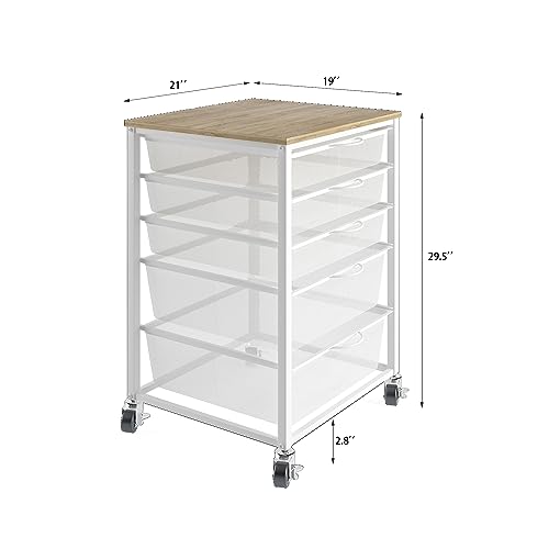 5 Tier Mesh Rolling File Cart, Multipurpose Movable File Chest Cabinet Storage Organizer with Wooden Top, Industrial and Rustic Style Storage Utility Cart for Bathroom, Kitchen, Bedroom - White