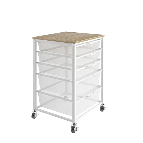 5 Tier Mesh Rolling File Cart, Multipurpose Movable File Chest Cabinet Storage Organizer with Wooden Top, Industrial and Rustic Style Storage Utility Cart for Bathroom, Kitchen, Bedroom - White