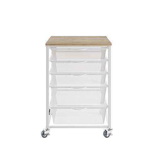 5 Tier Mesh Rolling File Cart, Multipurpose Movable File Chest Cabinet Storage Organizer with Wooden Top, Industrial and Rustic Style Storage Utility Cart for Bathroom, Kitchen, Bedroom - White