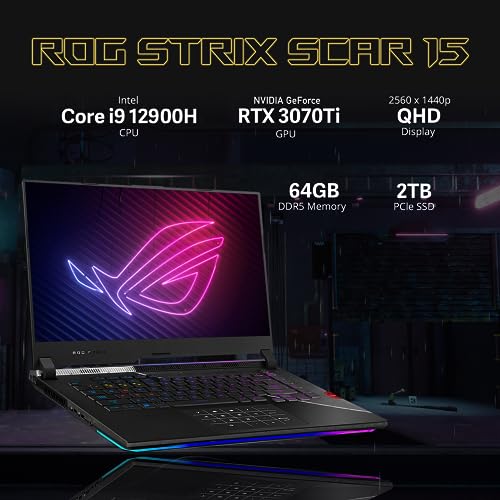 ASUS ROG Strix Scar 15 Gaming Laptop, 15.6” QHD 240Hz Display, Intel Core i9 12900H, 64GB DDR5, 2TB SSD, NVIDIA GeForce RTX 3070 Ti, Per-Key RGB Keyboard, Wi-Fi 6E, Black, Win 11, 32GB USB Card