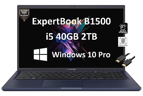 ASUS ExpertBook B1 B1500 15.6" FHD (Intel 4-Core i5-1135G7, 40GB RAM, 2TB PCIe SSD, Military Grade Durable) Business Laptop, Fingerprint, Backlit, 3-Year Warranty, IST HDMI, Win 10/11 Pro