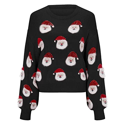 Christmas Sweater for Women Cute Merry Xmas Santa Holiday Pullover Knit Long Sleeve Crew Neck Christmas Sweater Tops Women Ugly Christmas Tree Reindeer Holiday Knit Sweater Pullover