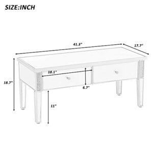 OPTOUGH Modern Glass Mirrored Coffee Table with 2 Drawers, Cocktail Platform with Crystal Handles and Adjustable Height Legs for Living Room, Silver