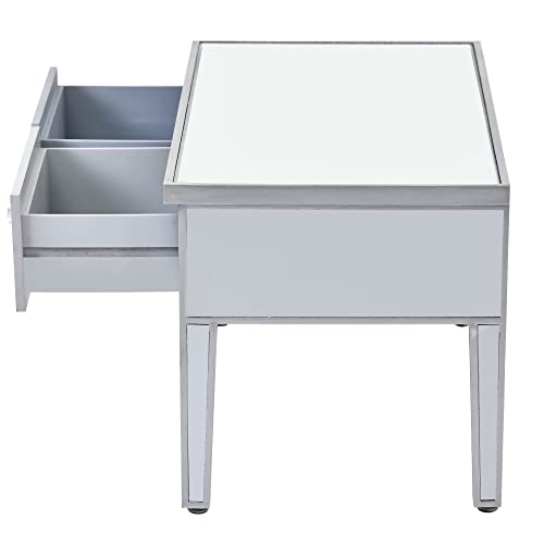 OPTOUGH Modern Glass Mirrored Coffee Table with 2 Drawers, Cocktail Platform with Crystal Handles and Adjustable Height Legs for Living Room, Silver