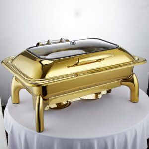 luxury thicken gold chafing dish buffet set,stainless steel chafer for catering in glass lid, chafers and buffet warmer sets w/food & water pan,lid,frame,fuel holder (rectangle 9qt)-2 half size tray