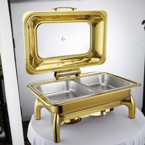 Luxury Thicken Gold Chafing Dish Buffet Set,Stainless Steel Chafer for Catering in Glass Lid, Chafers and Buffet Warmer Sets w/Food & Water Pan,Lid,Frame,Fuel Holder (Rectangle 9QT)-2 Half Size Tray