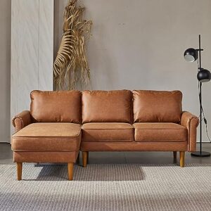 ovios mid-century sectional sofa, 81.5" l-shape sofa couch with chaise, faux leather couch with curved arm and solid wood legs for living room, left chaise, brown