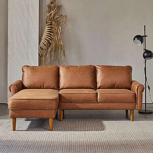 ovios Mid-Century Sectional Sofa, 81.5" L-Shape Sofa Couch with Chaise, Faux Leather Couch with Curved Arm and Solid Wood Legs for Living Room, Left Chaise, Brown