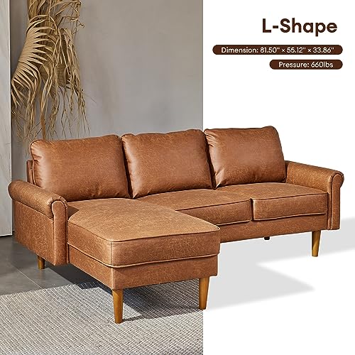 ovios Mid-Century Sectional Sofa, 81.5" L-Shape Sofa Couch with Chaise, Faux Leather Couch with Curved Arm and Solid Wood Legs for Living Room, Left Chaise, Brown