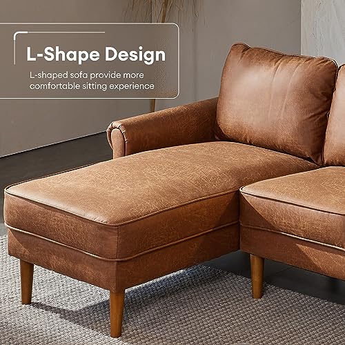 ovios Mid-Century Sectional Sofa, 81.5" L-Shape Sofa Couch with Chaise, Faux Leather Couch with Curved Arm and Solid Wood Legs for Living Room, Left Chaise, Brown