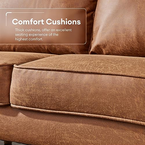 ovios Mid-Century Sectional Sofa, 81.5" L-Shape Sofa Couch with Chaise, Faux Leather Couch with Curved Arm and Solid Wood Legs for Living Room, Left Chaise, Brown