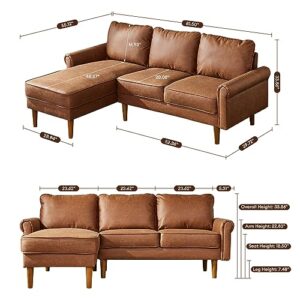 ovios Mid-Century Sectional Sofa, 81.5" L-Shape Sofa Couch with Chaise, Faux Leather Couch with Curved Arm and Solid Wood Legs for Living Room, Left Chaise, Brown