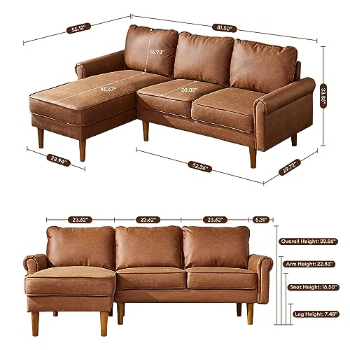 ovios Mid-Century Sectional Sofa, 81.5" L-Shape Sofa Couch with Chaise, Faux Leather Couch with Curved Arm and Solid Wood Legs for Living Room, Left Chaise, Brown