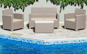 yoyomax 4 pieces furniture clearance, modern outdoor cushion, all weather patio conversation sofa set w/ 3 chairs, coffee table-ideal for garden, poolside, 4pcs, black with gray