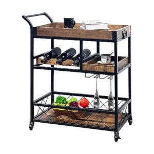 trunyaqi bar carts for the home, small wood bar cart with wheels, mobile serving cart rolling bar cart with storage, 3 tier kitchen bar cart with wine rack, drink/coffee/liquor cart, vintage brown (b)