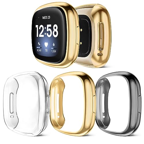 Vanjua Compatible with Fitbit Versa 3 Screen Protector Case, [3 Pack] Soft TPU Bumper Full Around Protective Cover for Fitbit Versa 3 & Fitbit Sense Smartwatch Accessories (Gold+Gray+Clear)