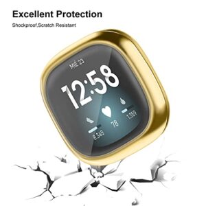 Vanjua Compatible with Fitbit Versa 3 Screen Protector Case, [3 Pack] Soft TPU Bumper Full Around Protective Cover for Fitbit Versa 3 & Fitbit Sense Smartwatch Accessories (Gold+Gray+Clear)