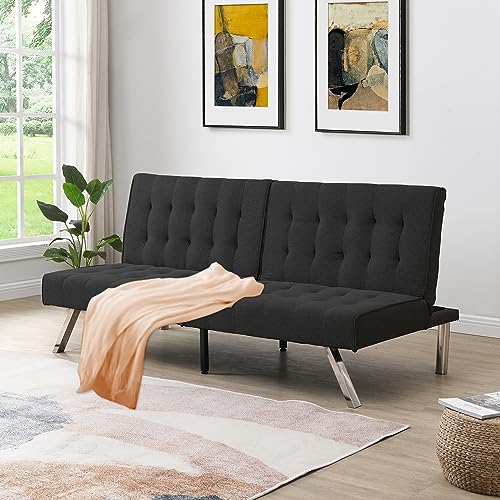 JCSTEU 68’’ Modern Futon Couch Bed with Adjustable Backrest, Linen Folding Sleeper Loveseat Sofa with Metal Leg, Convertible Sofa for Small Space, Living Room (Black)