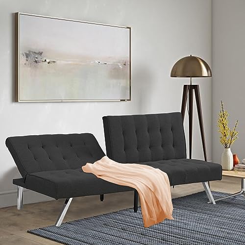 JCSTEU 68’’ Modern Futon Couch Bed with Adjustable Backrest, Linen Folding Sleeper Loveseat Sofa with Metal Leg, Convertible Sofa for Small Space, Living Room (Black)