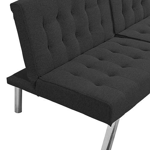 JCSTEU 68’’ Modern Futon Couch Bed with Adjustable Backrest, Linen Folding Sleeper Loveseat Sofa with Metal Leg, Convertible Sofa for Small Space, Living Room (Black)
