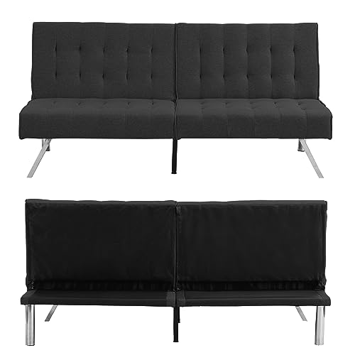 JCSTEU 68’’ Modern Futon Couch Bed with Adjustable Backrest, Linen Folding Sleeper Loveseat Sofa with Metal Leg, Convertible Sofa for Small Space, Living Room (Black)